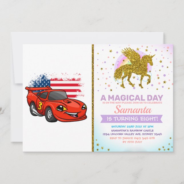 Red car american flag cartoon -Choose back colour Invitation (Front)