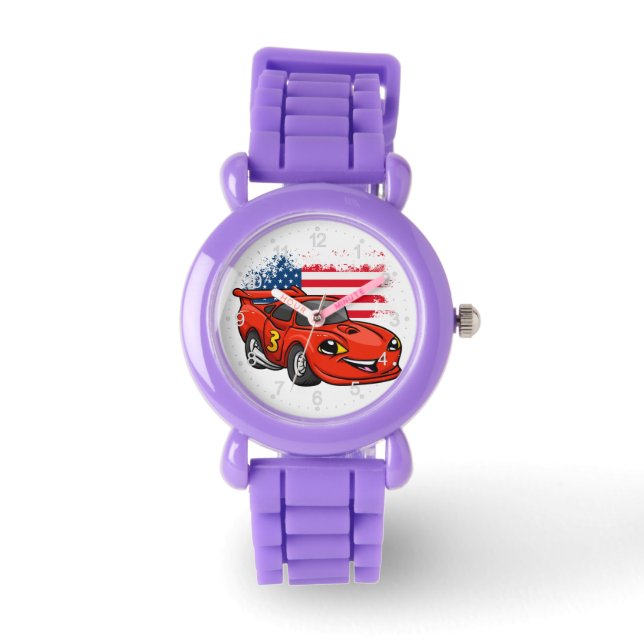 Red car american flag cartoon -Choose back colour Watch (Front)