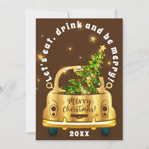 Red Car Christmas Brunch Dinner Tree Gold Brown Invitation