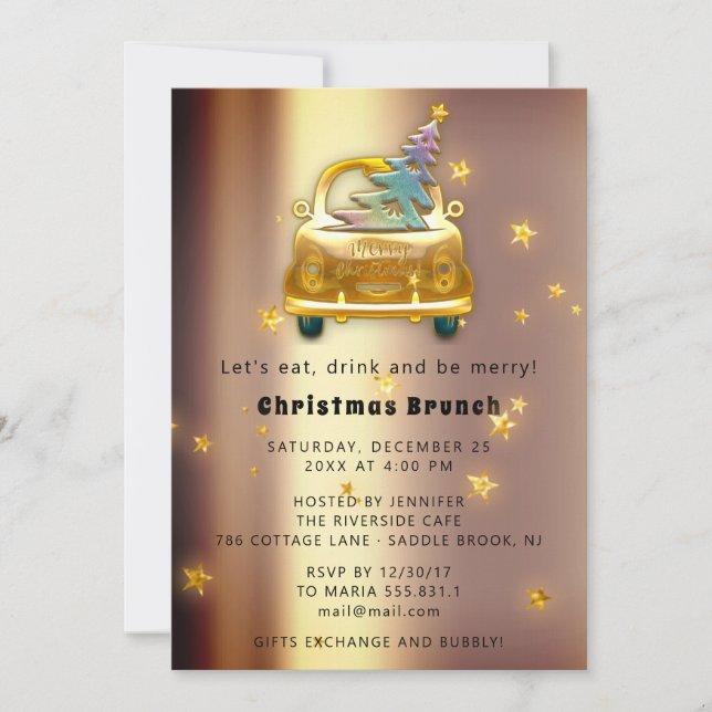 Red Car Christmas Brunch Dinner Tree Gold Stars Invitation (Front)