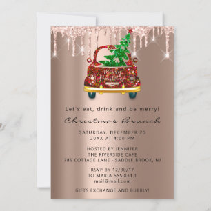 Red Car Christmas Brunch Tree Rose Drips Invitation