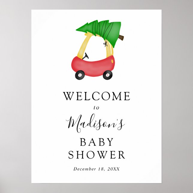 Red Car Christmas Tree Baby Shower Welcome Sign (Front)