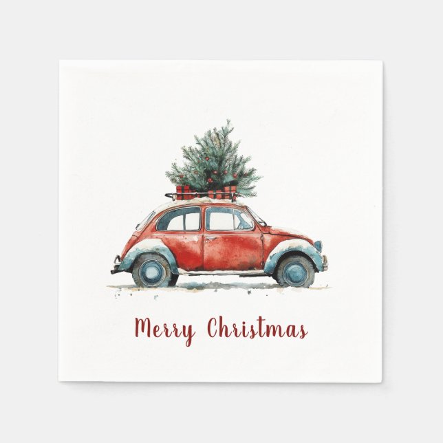 Red Car Christmas Tree Gifts Vintage Holiday Napkin (Front)