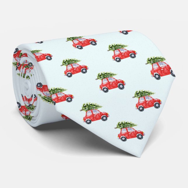 Red Car Christmas Tree Snowflake Frost Holiday Tie (Rolled)
