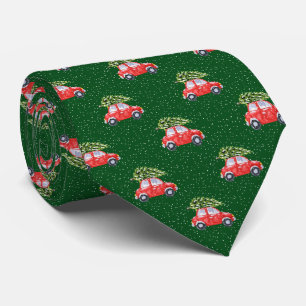 Red Car Christmas Tree Snowflake Green Holiday Tie