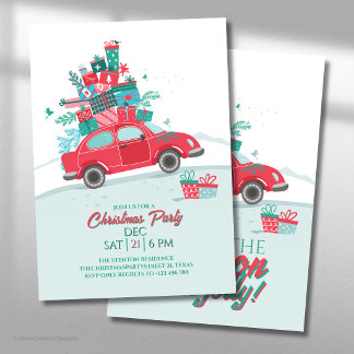 Red Car Festive With Presents Christmas Party Invitation