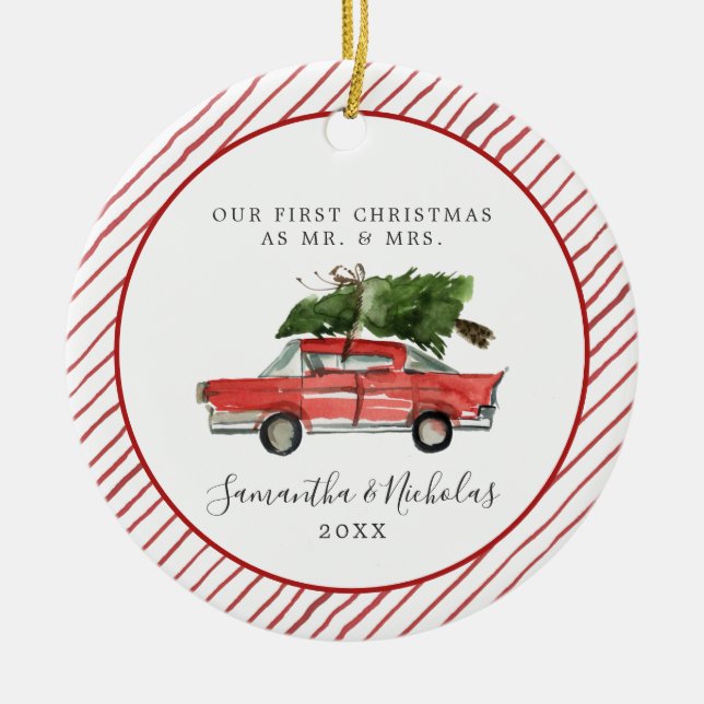 Red Car | First Christmas as Mr. & Mrs. Ceramic Tree Decoration (Front)