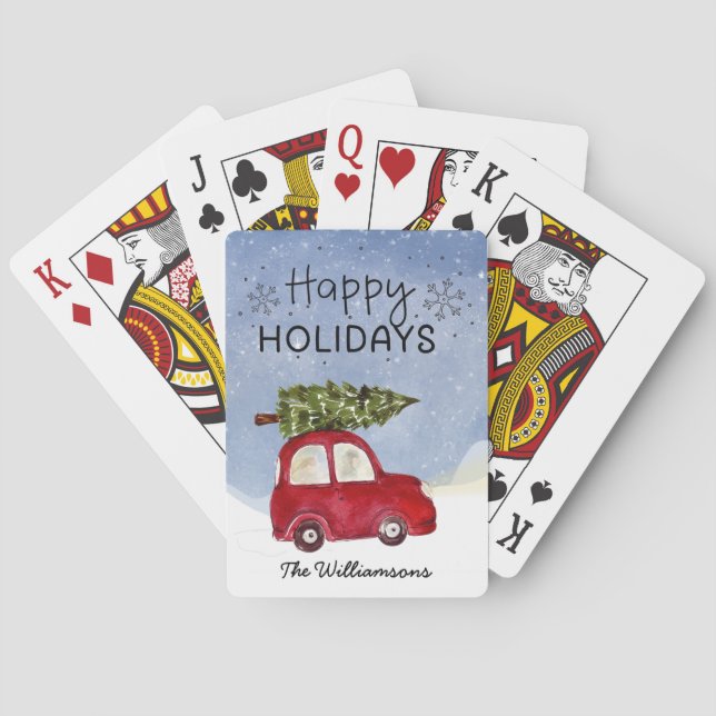 Red Car Happy Holidays Personalised Playing Cards (Back)
