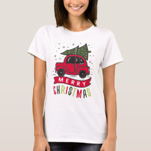 Red Car Merry Christmas Tree Colourful Funny T-Shi T-Shirt