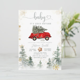 Red Car Pine Tree Winter Baby Shower Invitation