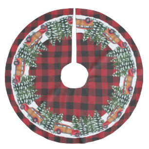Red Car Rustic Chequered Plaid Brushed Polyester Tree Skirt