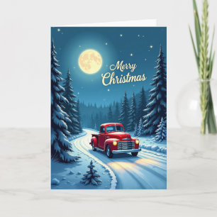 Red Car Winter Night Card