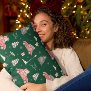 Red Car Winter Pattern Merry Christmas Green Decorative Cushion