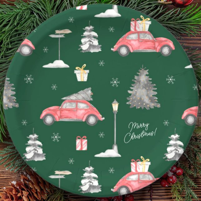 Red Car Winter Pattern Merry Christmas Green Paper Plate (Creator Uploaded)