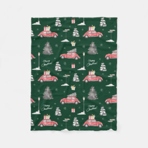 Red Car Winter Pattern Merry Christmas Green Small Fleece Blanket