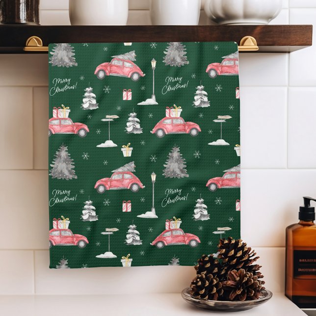 Red Car Winter Pattern Merry Christmas Green Tea Towel (Creator Uploaded)