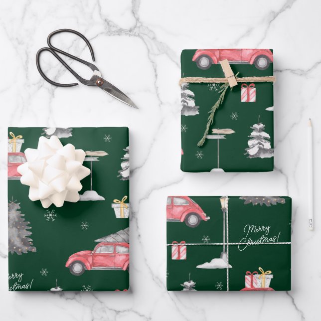 Red Car Winter Pattern Merry Christmas Green Wrapping Paper Sheet (Front)