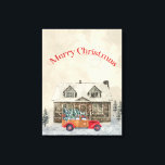 Red Car Winter Scene Merry Christmas Canvas Print<br><div class="desc">Beautiful watercolor style rustic winter scene to celebrate the Christmas season. Classic vintage red car with Christmas tree. Rustic cabin with snow scene.</div>