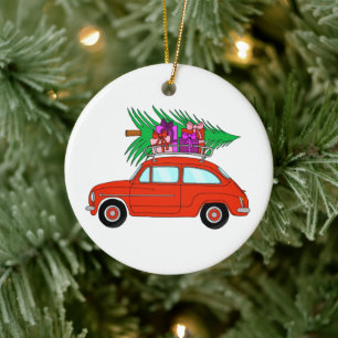 Red Car with Christmas Gifts Ceramic Ornament