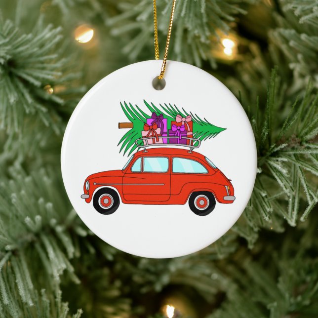 Red Car with Christmas Gifts Ceramic Ornament (Tree)
