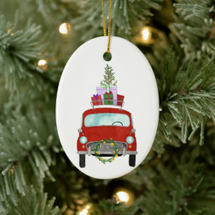 Red Car with Christmas Gifts Ceramic Ornament