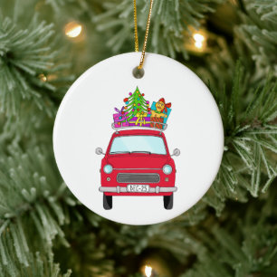 Red Car with Christmas Gifts Ceramic Tree Decoration