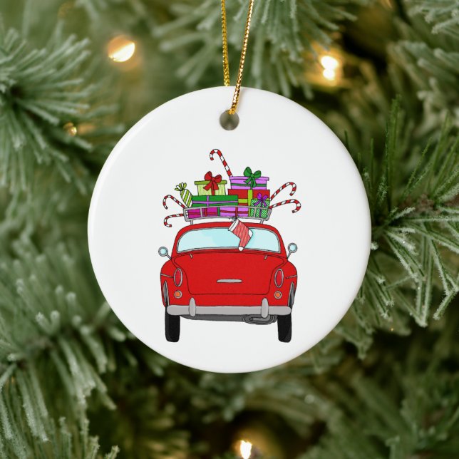 Red Car with Christmas Gifts Ceramic Tree Decoration (Tree)