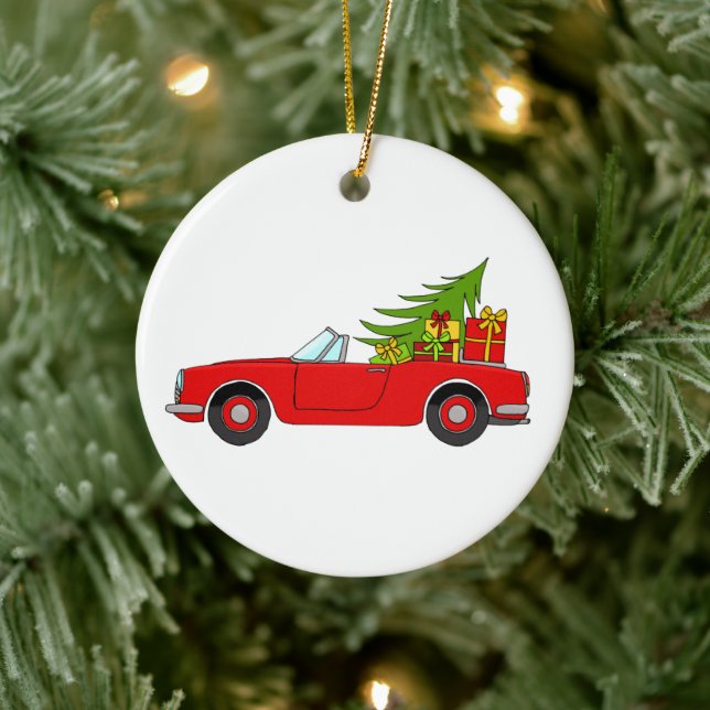 Red Car with Christmas Gifts Ceramic Tree Decoration (Tree)