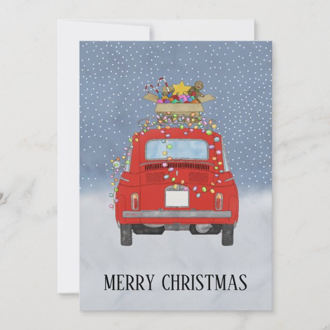 Red car with Christmas gifts Holiday Card (Front)