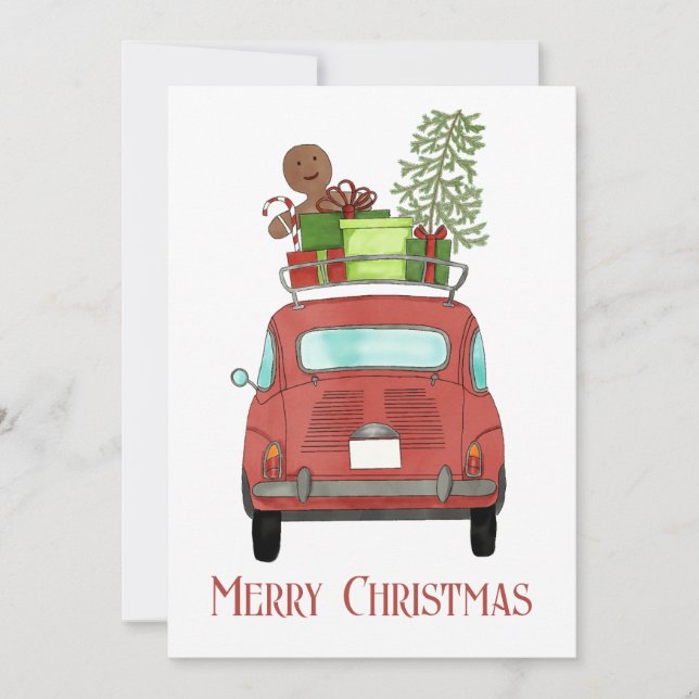 Red car with Christmas gifts Holiday Card (Front)