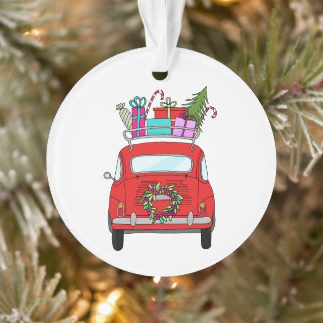 Red Car with Christmas Gifts Ornament (Tree)