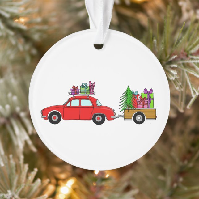 Red Car with Christmas Gifts Ornament (Tree)