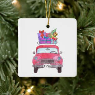Red Car with Christmas Gifts Watercolor Ceramic Ornament