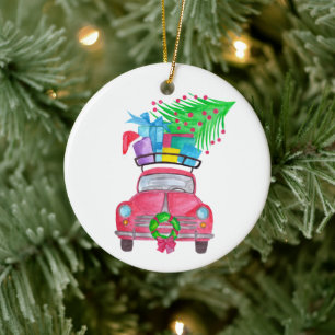 Red Car with Christmas Gifts Watercolor Ceramic Tree Decoration