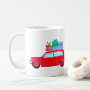 Red Car with Christmas Gifts Watercolor Coffee Mug