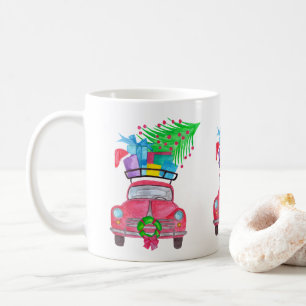 Red Car with Christmas Gifts Watercolor Coffee Mug