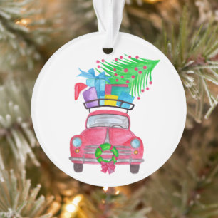 Red Car with Christmas Gifts Watercolor Ornament