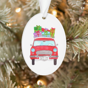 Red Car with Christmas Gifts Watercolor Ornament