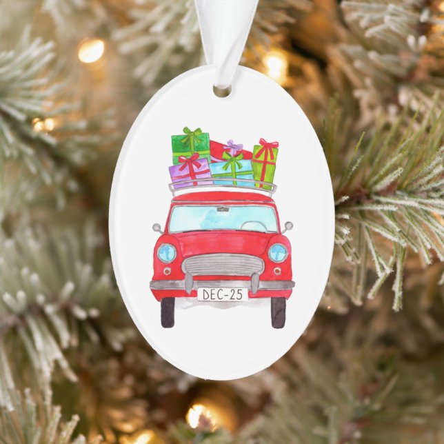 Red Car with Christmas Gifts Watercolor Ornament (Tree)