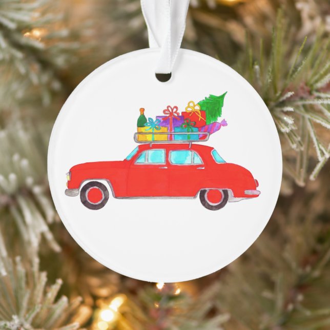 Red Car with Christmas Gifts Watercolor Ornament (Tree)