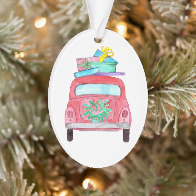 Red Car with Christmas Gifts Watercolor Ornament (Tree)