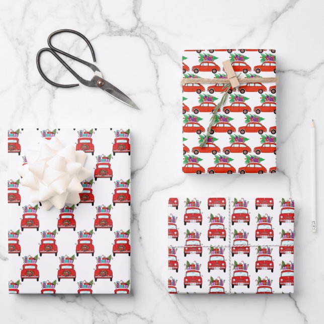 Red Car with Christmas Gifts Wrapping Paper (Front)
