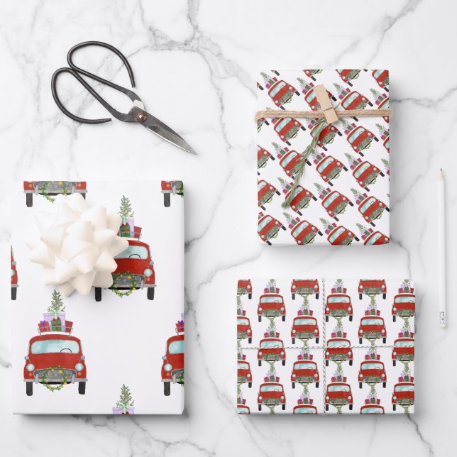 Red Car with Christmas Gifts Wrapping Paper (Front)
