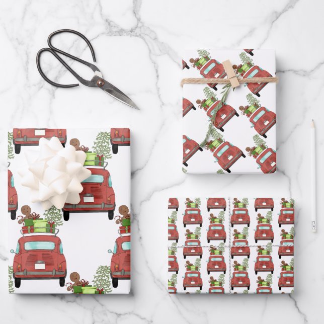 Red car with Christmas gifts Wrapping Paper (Front)