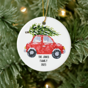 Red Car with Christmas Tree Atop - Personalise Ceramic Tree Decoration