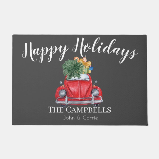 Red Car with Christmas Tree Customisable Doormat (Front)