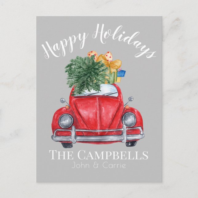 Red Car with Christmas Tree Customisable Holiday Postcard (Front)