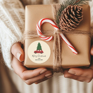 Red Car with Christmas Tree Minimalist Vintage Classic Round Sticker