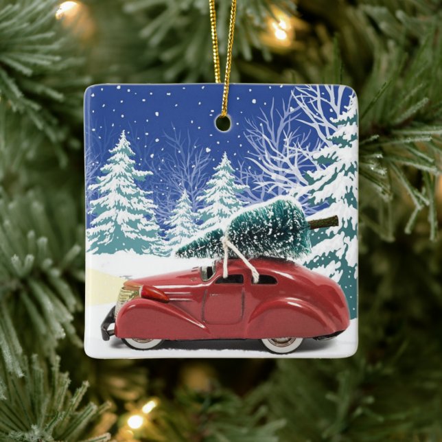 Red Car with Christmas Tree on Roof Ceramic Ornament (Tree)