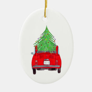 Red Car with Christmas Tree Watercolor Ceramic Tree Decoration